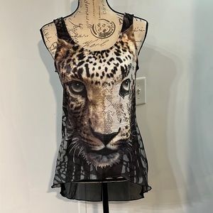 Leopard tank top with sheer back and jeweled accents